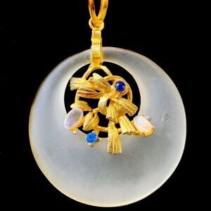 Vtg Hobe’ camphor glass gold tone round floral opal faux sapphire pendant